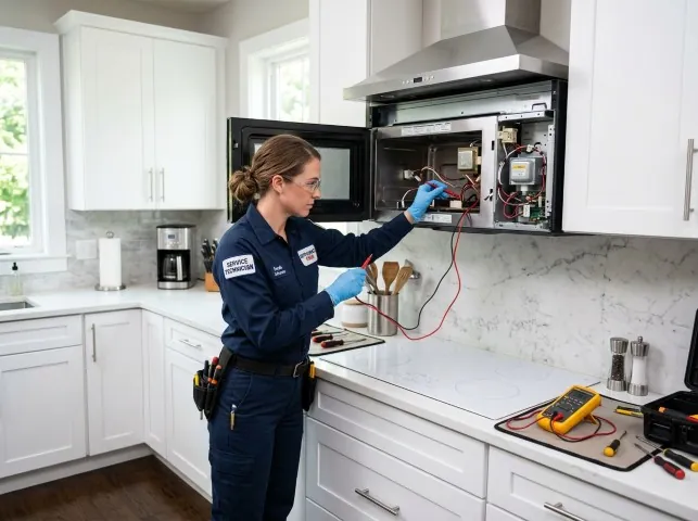Appliance Repair Hero technician testing an over-the-range microwave in a Bradner, OH kitchen